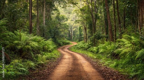 A winding dirt path through a dense forest, lined with tall trees and ferns.