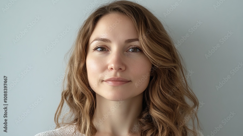 Portrait of a confident young woman with wavy brown hair, gazing directly at camera against a neutral background. Portrait of a confident young woman with wavy brown hair, gazing directly at camera against a neutral background.