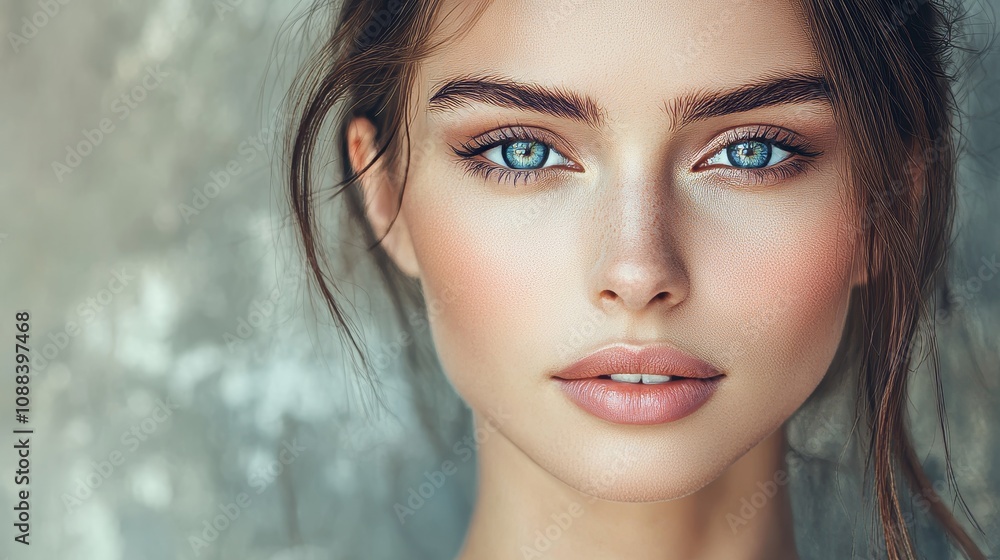 Close-up portrait of a young woman with striking blue eyes and natural makeup against a textured background. Close-up portrait of a young woman with striking blue eyes and natural makeup against a textured background.