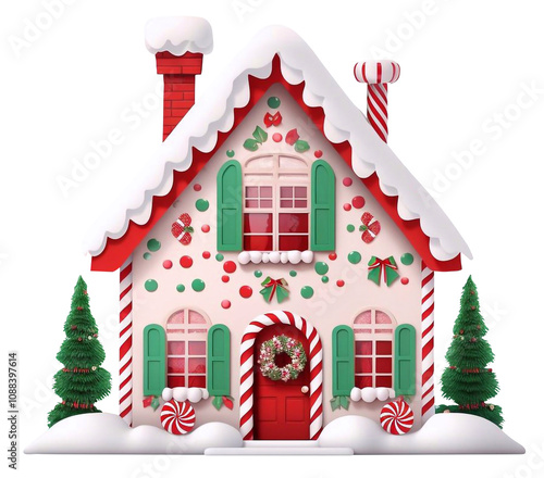 Cute Christmas house, watercolor, illustration, theme color red green, isolated background.