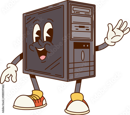 Groovy computer system unit character or retro cartoon PC with funny face, vector comic. Groovy funky old desktop PC computer with happy smile waving Hi Hello for digital hardware cartoon character