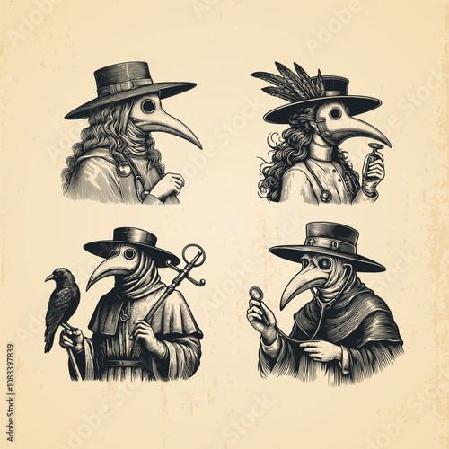 Set of Plague Doctor hand drawn illustration. Vintage illustration of Plague Doctor vector drawing