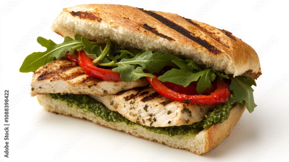 A gourmet grilled chicken sandwich with marinated grilled chicken breast, roasted red peppers, arugula A gourmet grilled chicken sandwich with marinated grilled chicken breast, roasted red peppers, arugula