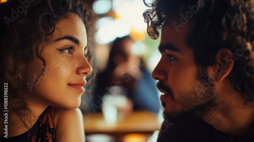 Two hispanic latino people, one latino man and one young latina woman on first date in a cafe looking at each others with eye contact , lovers rendezvous in South America photo