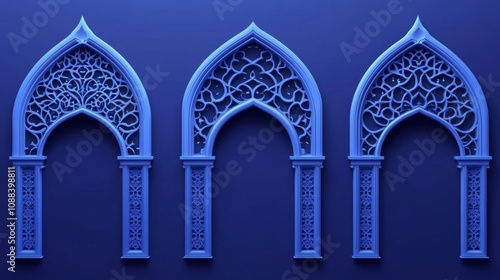 Islamic Frame with Arabic Shapes  Realistic Modern Illustration Set of Blue Arch Windows  Borders  and Traditional Muslim Decorations for Cards.