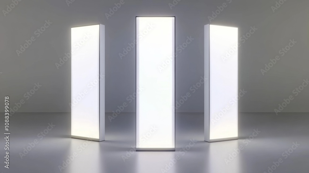 Realistic white portable vertical pull-up banners mockup for advertising or product display on modern illustration information booth. Realistic white portable vertical pull-up banners mockup for advertising or product display on modern illustration information booth.