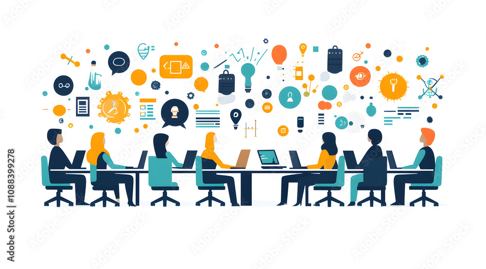 A diverse group of people collaborating at a long table, surrounded by various digital icons representing technology and communication. A diverse group of people collaborating at a long table, surrounded by various digital icons representing technology and communication.
