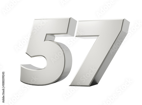 3d Shiny Silver Number 57 Fifty Seven 3d Silver Number Isolated On White Background, 3d illustration
 photo