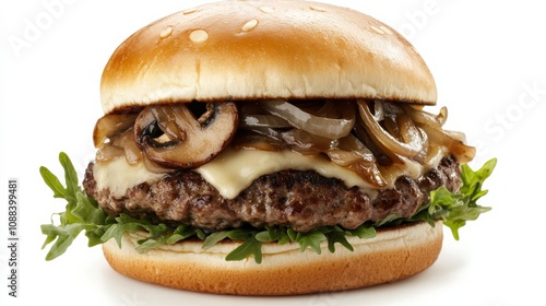 A gourmet mushroom and Swiss cheese burger topped with caramelized onions and aioli, Each layer of burger juicy and flavorful, Set against an isolated white background to highlight its gourmet twist  photo