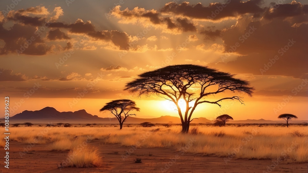 A sunset over Namibia's savanna in Africa A sunset over Namibia's savanna in Africa