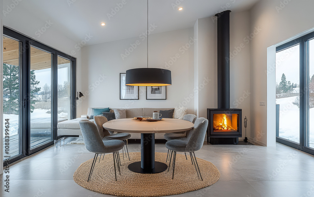 Fototapeta premium Cozy modern living space with a fireplace and snowy outdoor view in winter season
