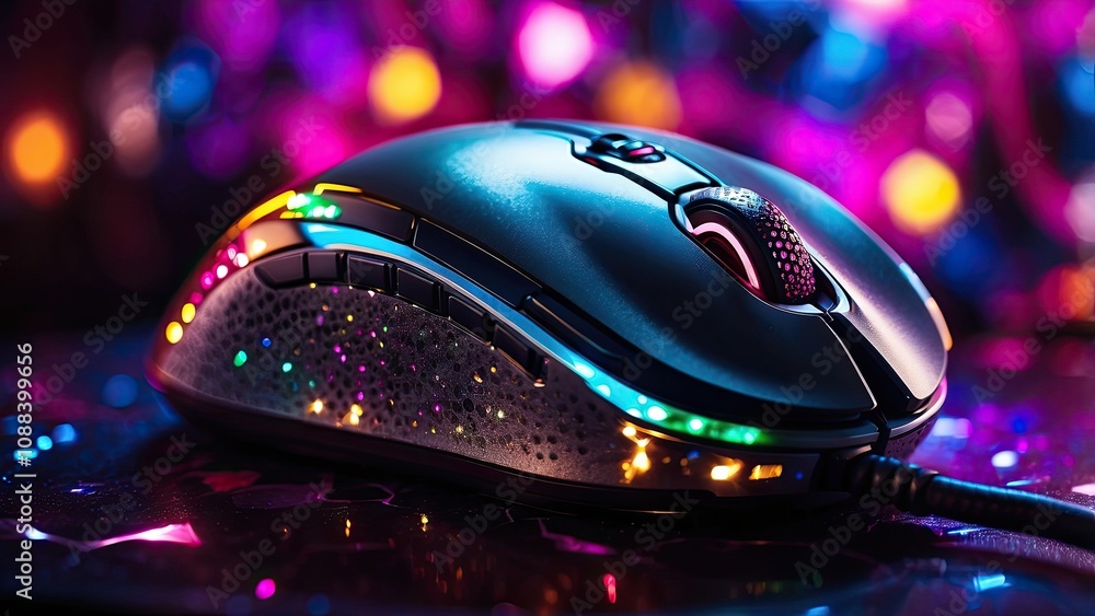 Close-up of a contemporary gaming mouse that is perfect for tech and gaming themes, featuring multicolored LED lights that sparkle against a vibrant background.- Close-up of a contemporary gaming mouse that is perfect for tech and gaming themes, featuring multicolored LED lights that sparkle against a vibrant background.-