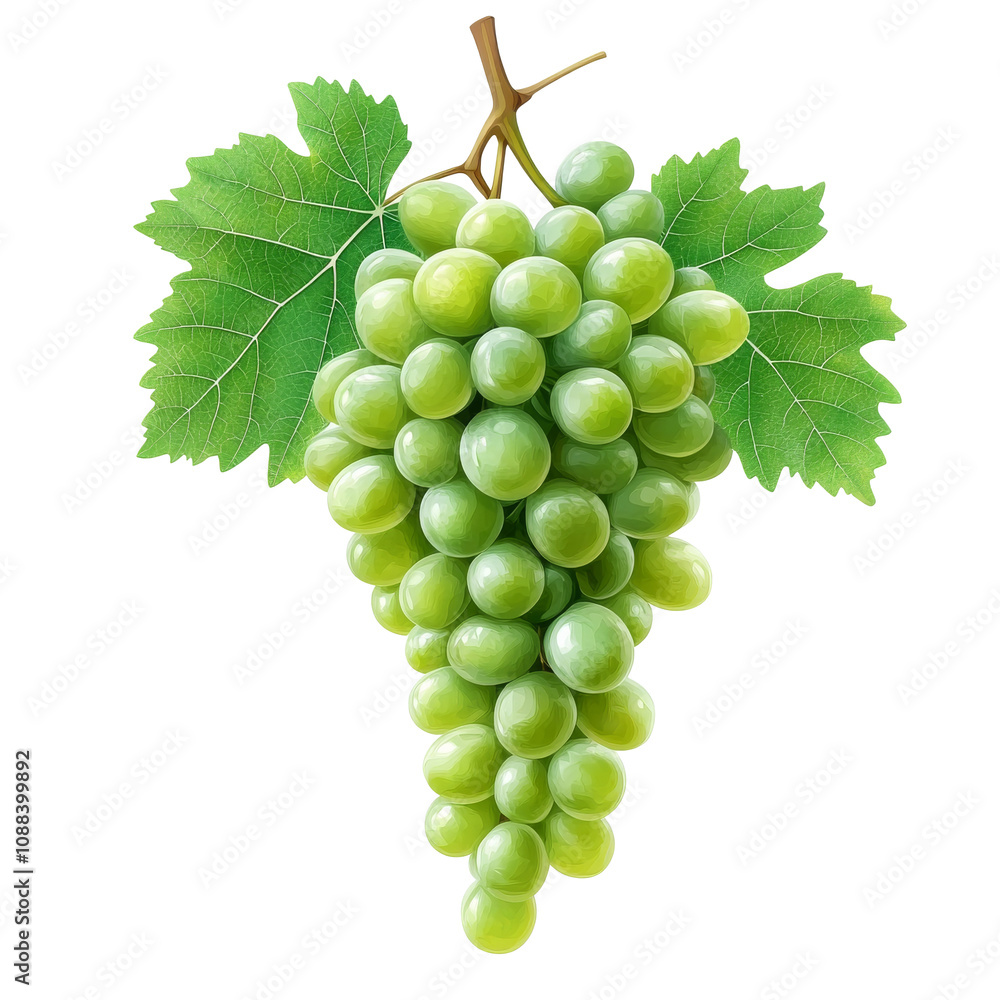 Fresh green grapes hanging from vine leaves Fresh green grapes hanging from vine leaves