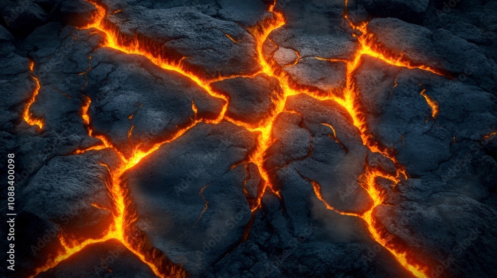 Volcanic Lava Cracks: Horizontal View of Earth with Magma Glow - Hell Floor Surface Destruction and Fracture Damage Volcanic Lava Cracks: Horizontal View of Earth with Magma Glow - Hell Floor Surface Destruction and Fracture Damage