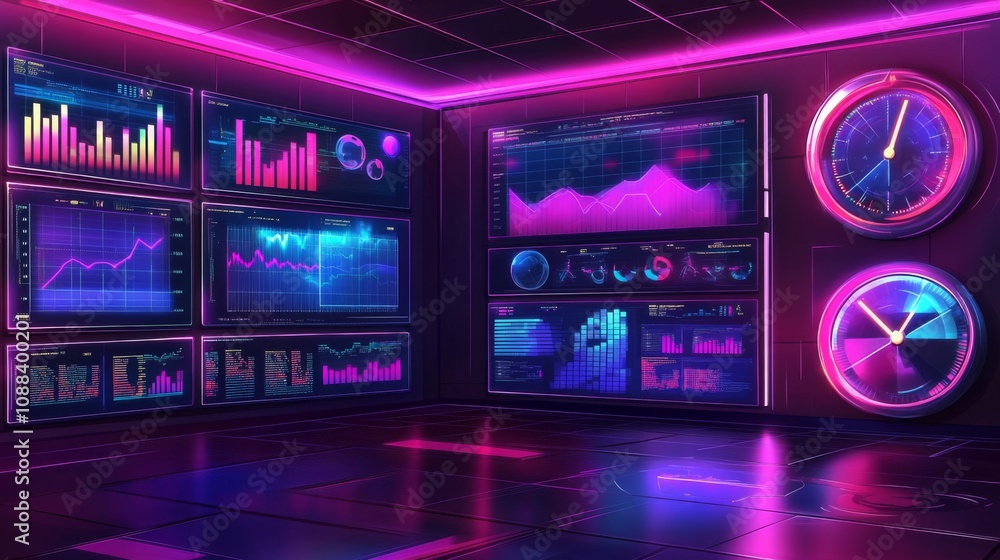 Fototapeta premium Modern computer server room with analytics dashboard, blockchain, and network communication concept illustration for digital data.