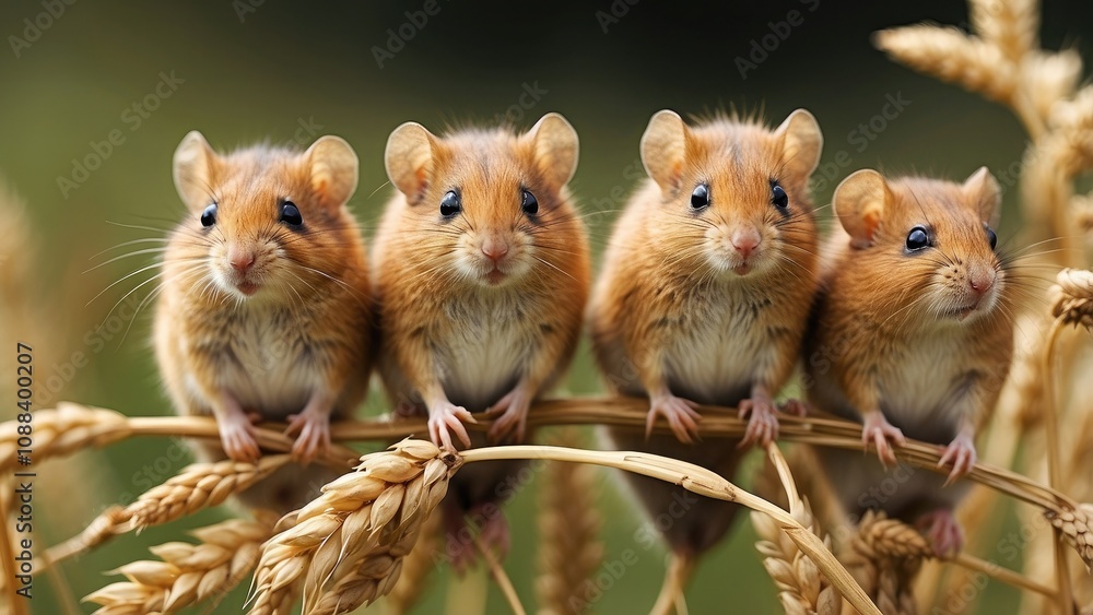 In a field in Indiana, USA, five harvest mice are seated next to each other on a wheat ear. In a field in Indiana, USA, five harvest mice are seated next to each other on a wheat ear.