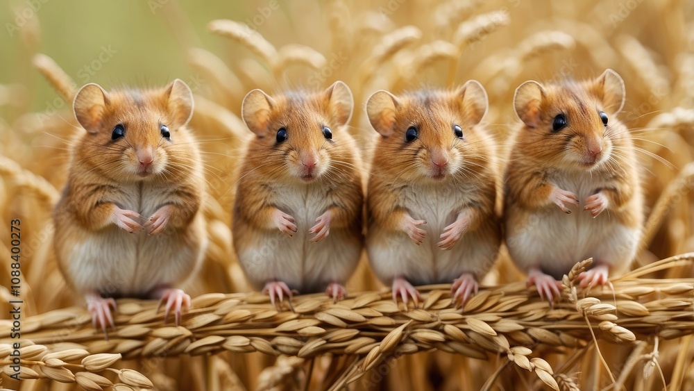 In a field in Indiana, USA, five harvest mice are seated next to each other on a wheat ear. In a field in Indiana, USA, five harvest mice are seated next to each other on a wheat ear.