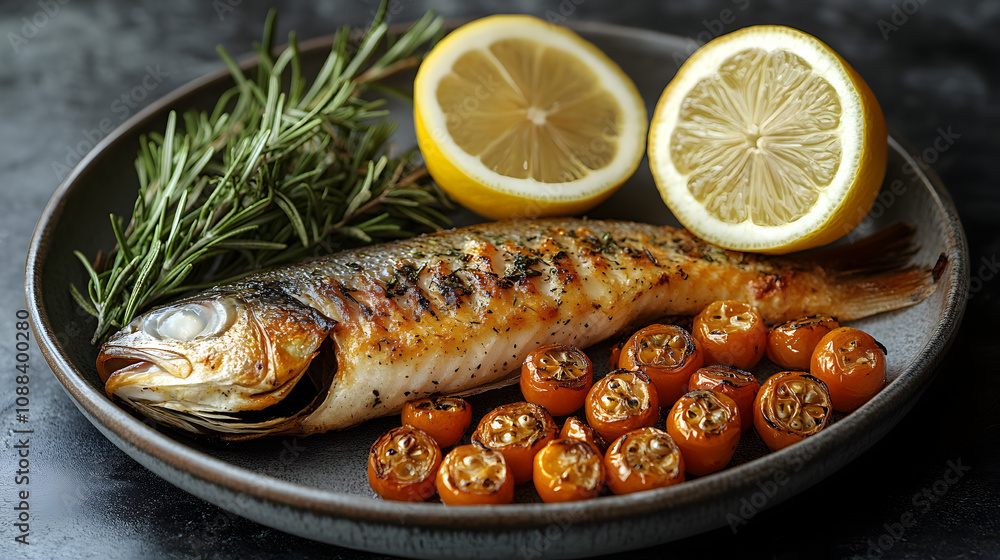 A fresh and vibrant still life flat lay featuring freshly caught fish, garnished with lemon slices and sprigs of rosemary, beautifully arranged to showcase the natural textures and colors of the ingre A fresh and vibrant still life flat lay featuring freshly caught fish, garnished with lemon slices and sprigs of rosemary, beautifully arranged to showcase the natural textures and colors of the ingre