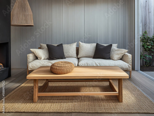 Contemporary living room setup featuring a comfortable sofa and wooden coffee table in a cozy space photo