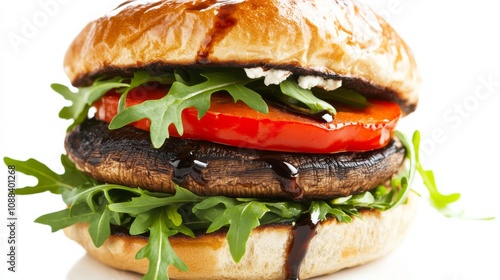 A gourmet portobello mushroom burger with a grilled portobello cap, roasted red pepper, arugula