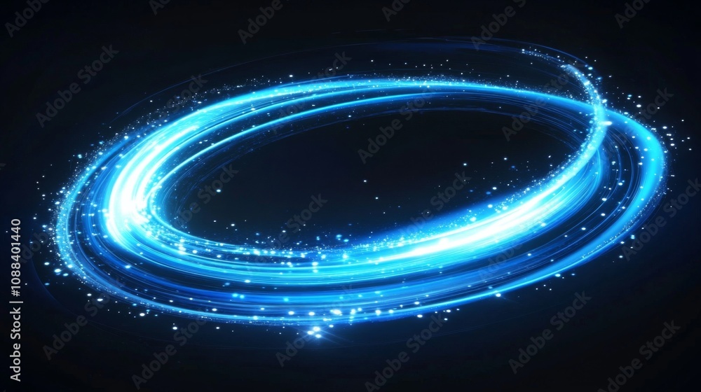 Neon Blue Light Swirl on Black Background with Glitter Particles, Speed Motion. Neon Blue Light Swirl on Black Background with Glitter Particles, Speed Motion.