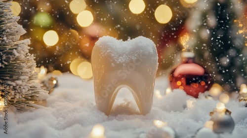 A tooth covered in snow set against a festive Christmas and holiday background, featuring seasonal decorations like Christmas trees and ornaments photo