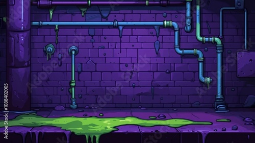 Industrial municipal wastewater pipeline construction with toxic liquid dripping on floor. Cartoon background of basement water tubes.