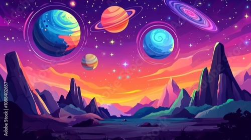 Cartoon cosmos and level platforms parallax background for 2D space game level map animation.