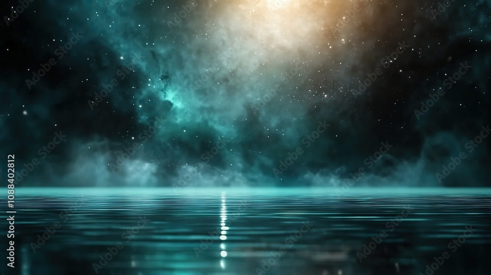 Dreamy Cosmic Landscape with Stars and Reflections on Water Surface Under Ethereal Misty Atmosphere at Night, Capturing the Essence of Vastness in Space Dreamy Cosmic Landscape with Stars and Reflections on Water Surface Under Ethereal Misty Atmosphere at Night, Capturing the Essence of Vastness in Space