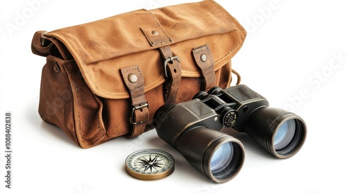 Binoculars and compass set, essential tools for explorers, positioned on a white background photo