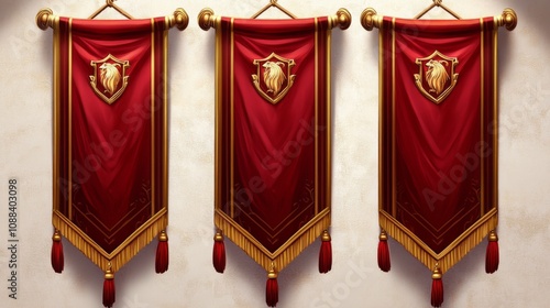 Medieval inspired hanging banners mockup set with red flags and golden tassels, featuring unique heraldic ensign templates. photo