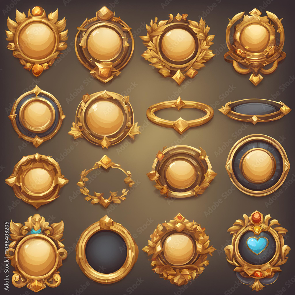 A collection of ornate golden emblems with intricate details, gemstones, and decorative designs, ideal for fantasy games, royal crests, or luxury-themed creative projects. A collection of ornate golden emblems with intricate details, gemstones, and decorative designs, ideal for fantasy games, royal crests, or luxury-themed creative projects.