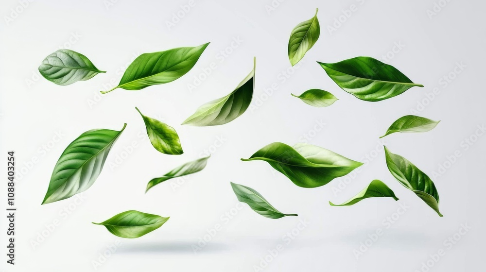 Green Foliage and Falling Tea Leaves on Transparent Background: Floral Organic Elements 3D Illustration Set for Packaging Design. Green Foliage and Falling Tea Leaves on Transparent Background: Floral Organic Elements 3D Illustration Set for Packaging Design.