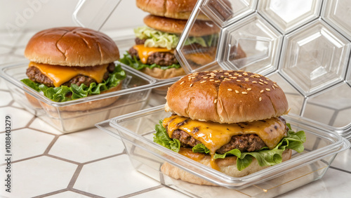 burger in original transparent packaging, box photo