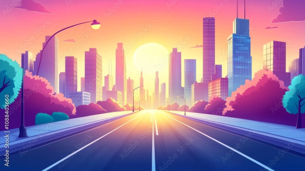 Modern cityscape at sunrise with high-rise buildings, street, highway, and pink sunlight. Architecture and city life concept. Modern cityscape at sunrise with high-rise buildings, street, highway, and pink sunlight. Architecture and city life concept.