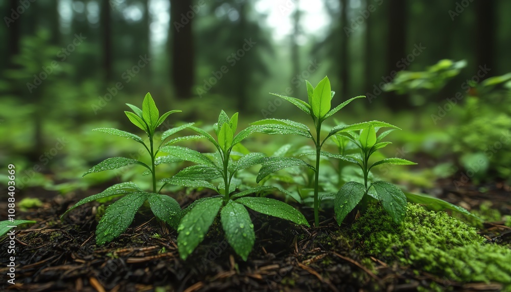 Green plant emerging from the forest floor, pointing upwards, symbolizing growth and business success, healthy foliage, natureinspired motivational scene Green plant emerging from the forest floor, pointing upwards, symbolizing growth and business success, healthy foliage, natureinspired motivational scene