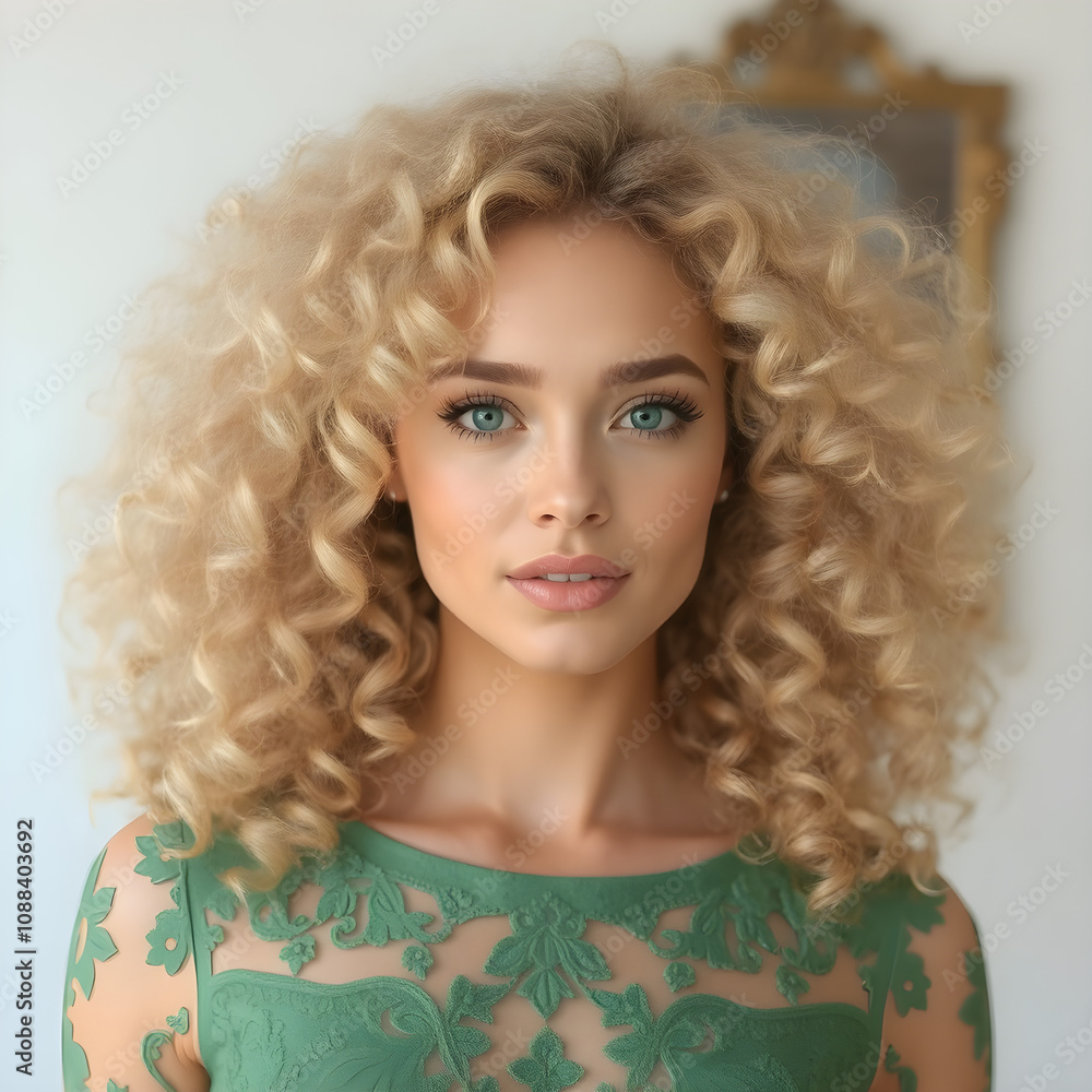 Mujer rubia con rizos voluminosos, vistiendo un elegante vestido verde moderno. Mujer rubia con rizos voluminosos, vistiendo un elegante vestido verde moderno.
