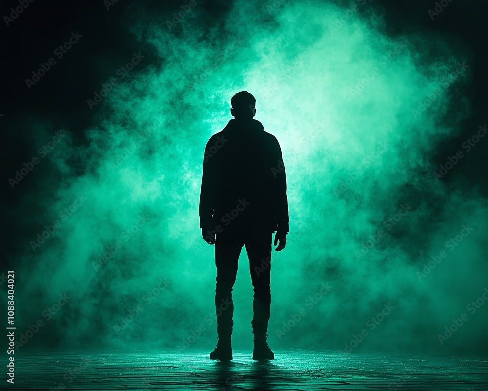 Man in dark surroundings, illuminated from above by eerie green light, silhouetted figure against dark background, atmospheric shadows, haunting atmosphere Man in dark surroundings, illuminated from above by eerie green light, silhouetted figure against dark background, atmospheric shadows, haunting atmosphere