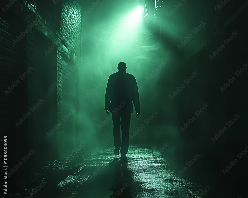 Man walking through dark space, illuminated by green light from above, creating eerie silhouette, dramatic shadows, ominous and mysterious atmosphere Man walking through dark space, illuminated by green light from above, creating eerie silhouette, dramatic shadows, ominous and mysterious atmosphere