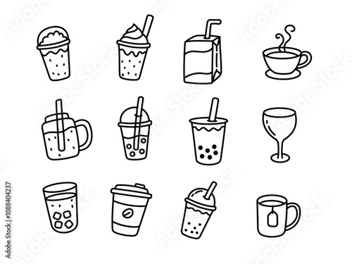 Set of milk tea and drinks doodle illustration with black and white color