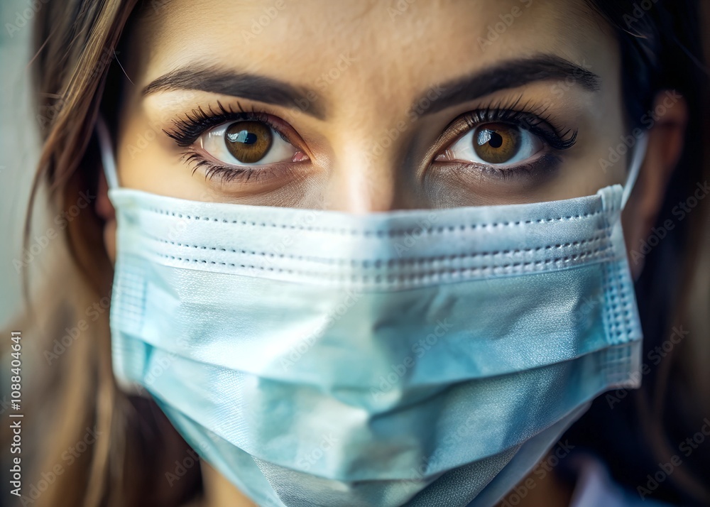 Close-up of a woman's eyes looking off to the side, wearing a surgical mask. Close-up of a woman's eyes looking off to the side, wearing a surgical mask.