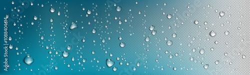 Water droplet on glass background. Rain drop transparent texture on window isolated png. Realistic condensation bubble splash on surface 3d bg. Abstract clean moisture or serum waterdrop fall view