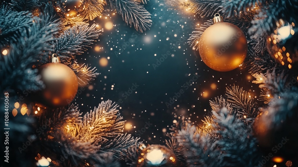 Holiday banner mockup with gold ornaments and frosted branches Holiday banner mockup with gold ornaments and frosted branches
