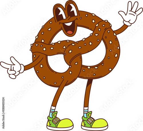 Cartoon groovy pretzel, bakery and pastry character with a playful expression, wearing retro sneakers and exudes fun and whimsical vibe. Isolated vector fresh snack personage with wide cheerful smile