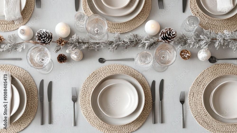 Beautiful Christmas table setting on light grey background, top view. Space for text Beautiful Christmas table setting on light grey background, top view. Space for text