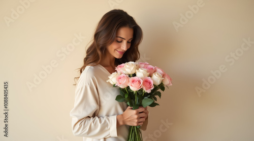 A mother holds a lovely bouquet of pink and white roses, radiating love in a peaceful setting