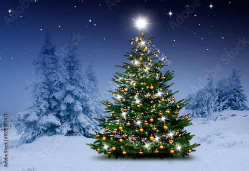 Weihnachtsbaum im Tannenwald bei Nacht im Winter
