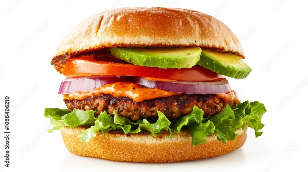 A gourmet veggie burger with a flavorful chickpea patty, avocado slices, lettuce A gourmet veggie burger with a flavorful chickpea patty, avocado slices, lettuce