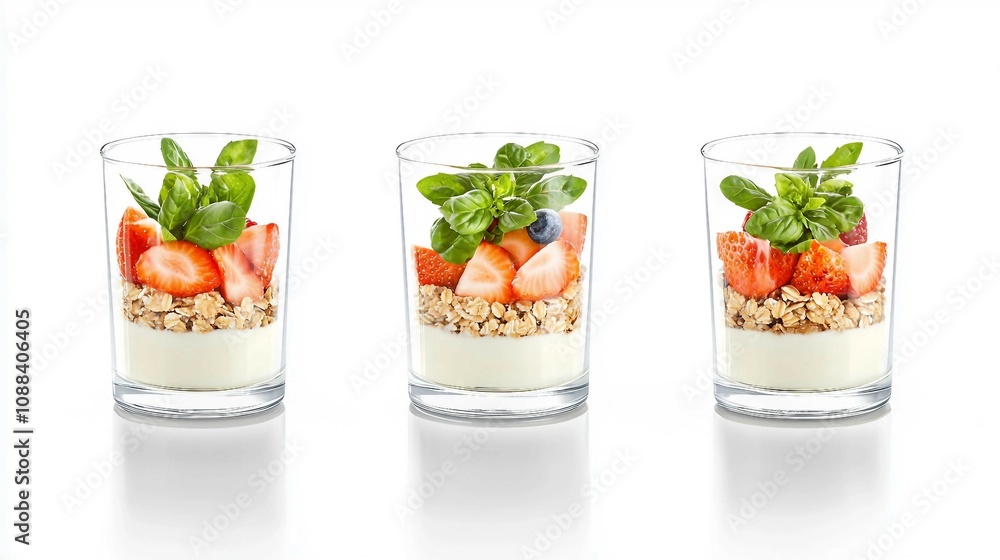 Delicious and Healthy Layers of Yogurt, Granola, Fresh Berries, and Basil in Transparent Glasses Perfect for Breakfast or Snack Ideas Delicious and Healthy Layers of Yogurt, Granola, Fresh Berries, and Basil in Transparent Glasses Perfect for Breakfast or Snack Ideas