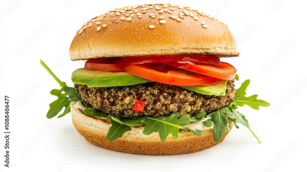 A gourmet veggie burger with a flavorful quinoa patty, sliced avocado, roasted red pepper A gourmet veggie burger with a flavorful quinoa patty, sliced avocado, roasted red pepper